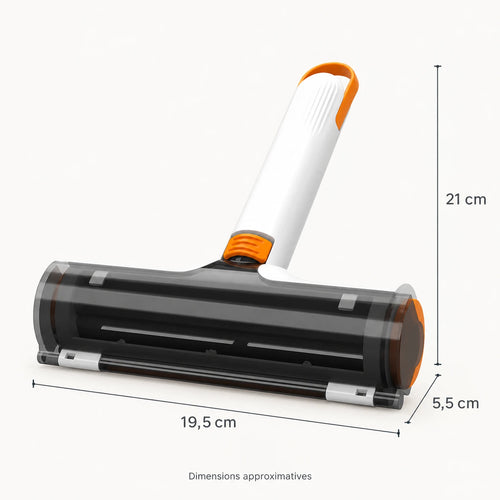 Reusable pet hair roller approximate dimensions: 19.5 cm wide, 21 cm tall, 5.5 cm deep