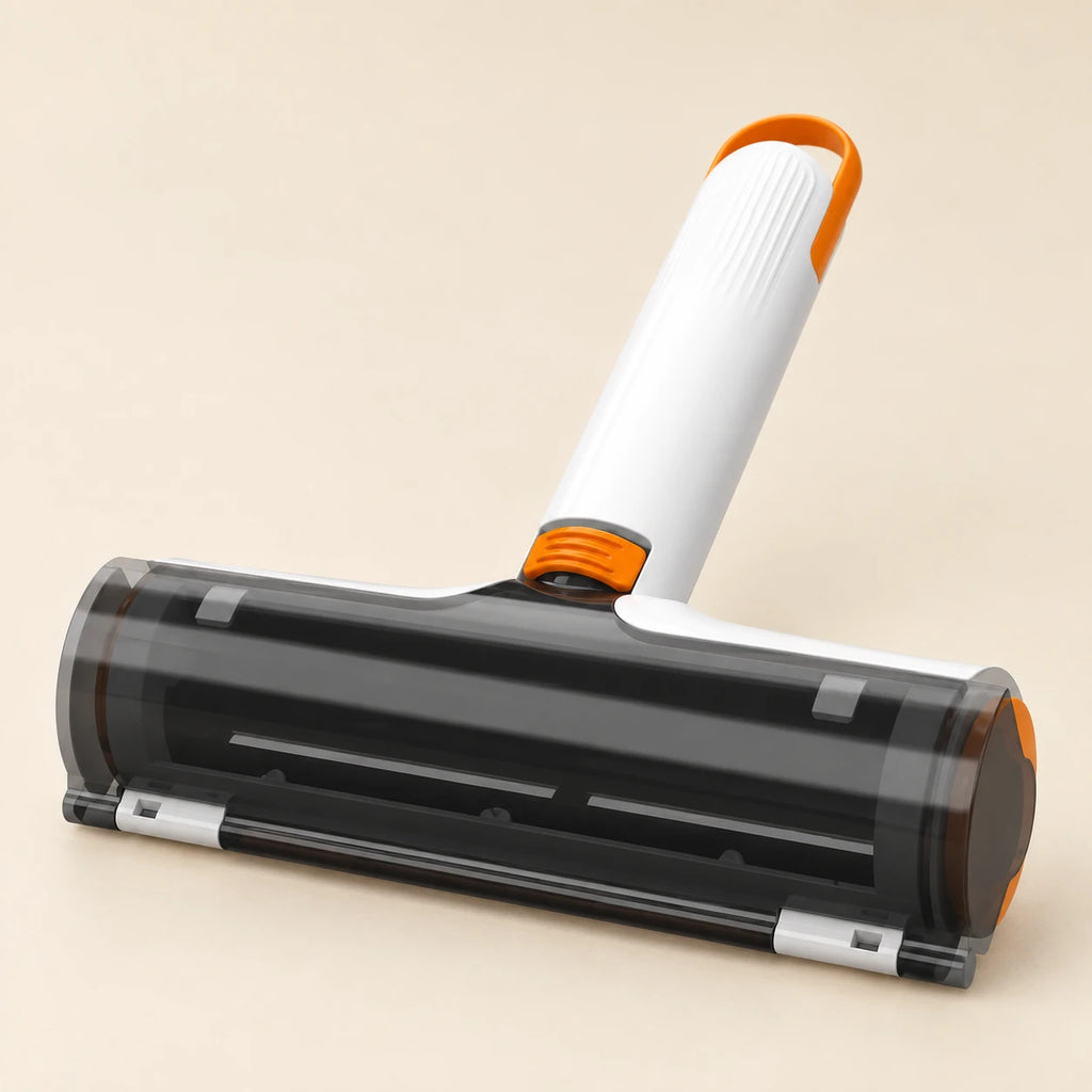 Reusable pet hair roller with built-in collection chamber, white and orange