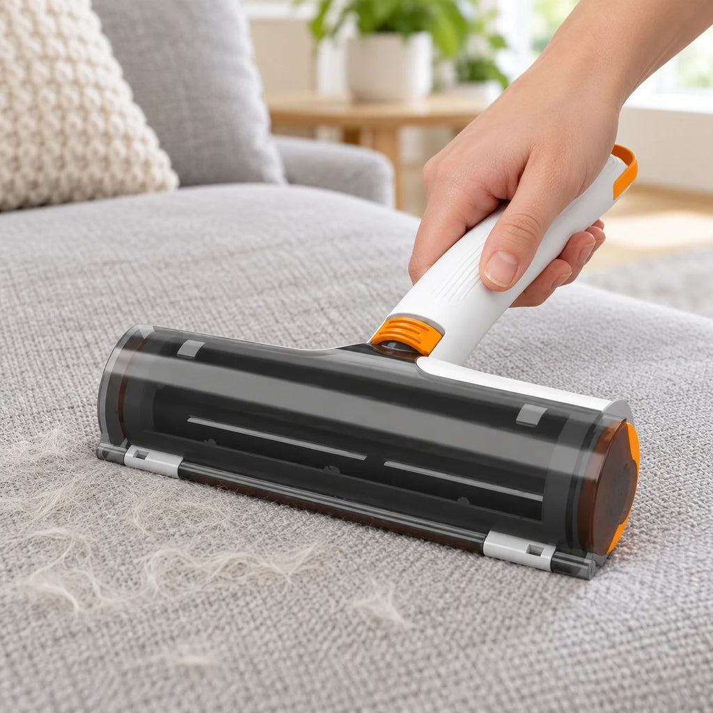 Hand using the reusable pet hair roller on a grey fabric sofa cushion